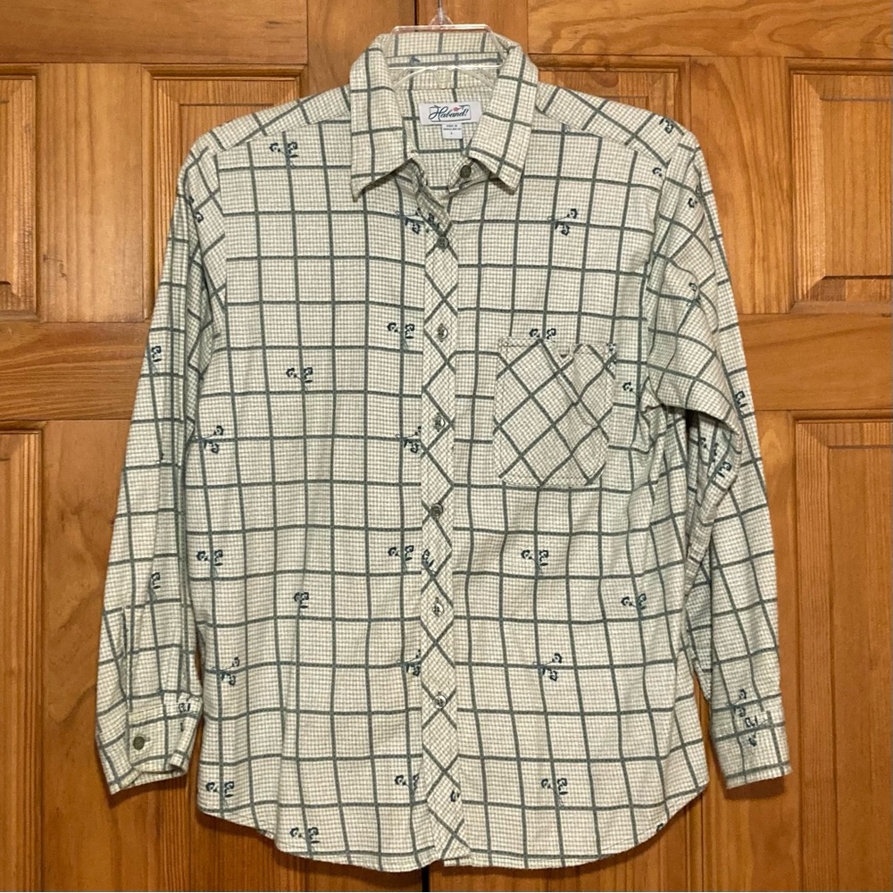 NWOT Haband Blouse Flannel Long Sleeve Top Green White Size L Large